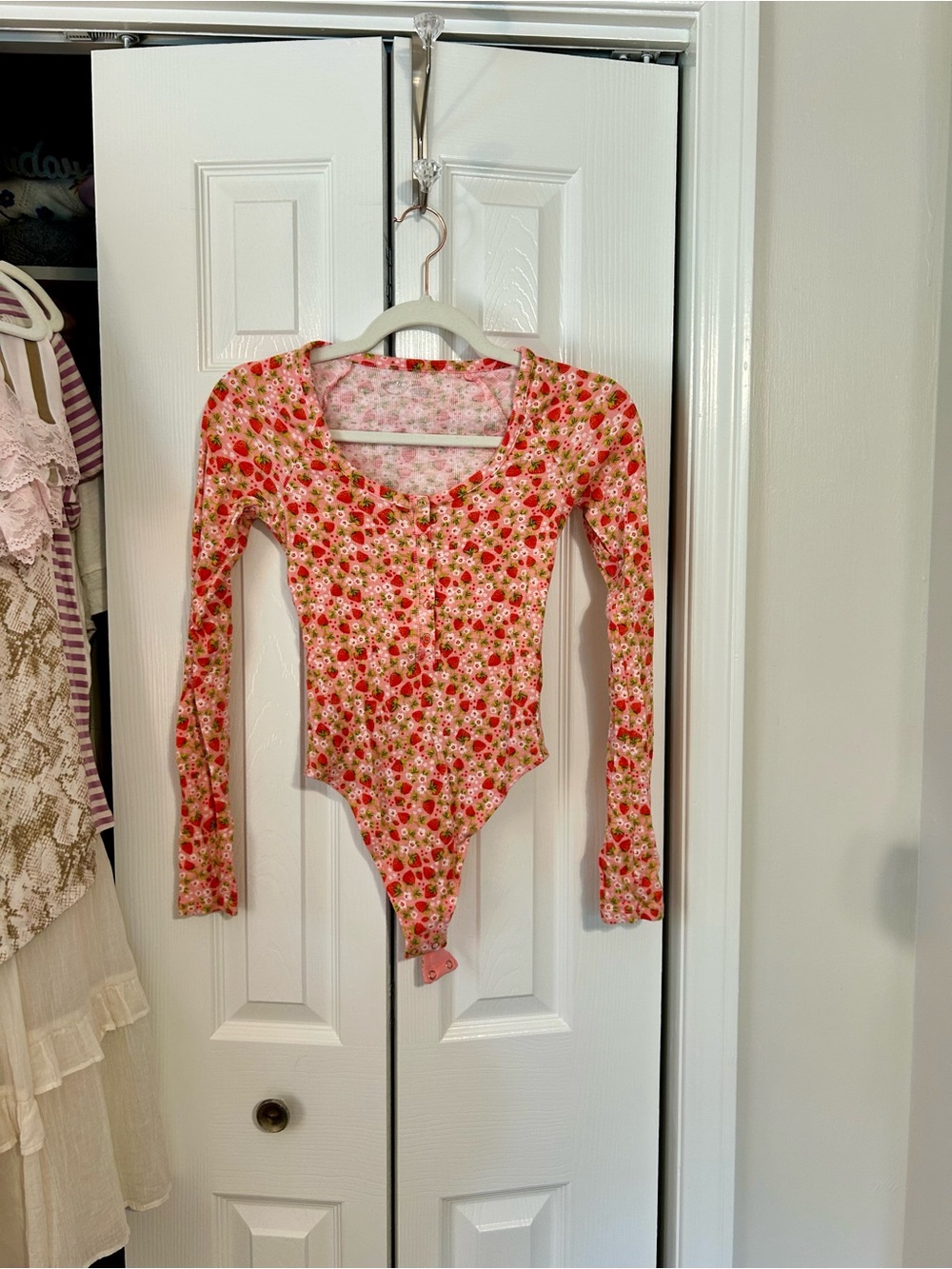 aerie Pink Floral with Strawberries Long-Sleeve Scoop-Neck Thong Bodysuit